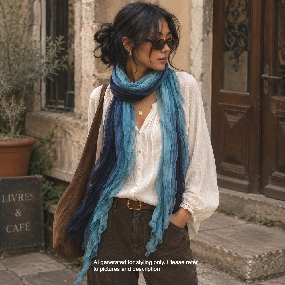 Womens Blue Two Tone Ombre Crinkle Scarf Lightweight Oversized Shawl Wrap